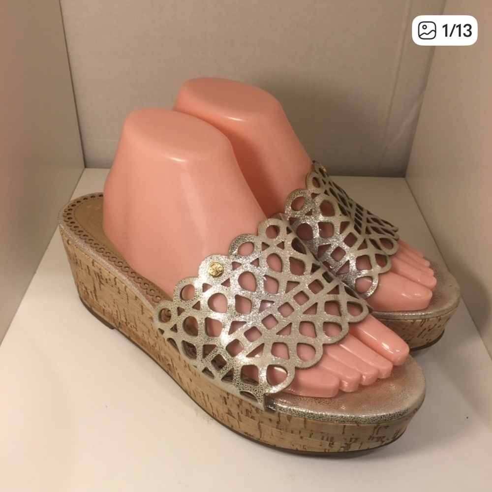 Tory Burch Cork Womens Laser-Cut Out Slide Wedge Sandals Size 10M SB-85
